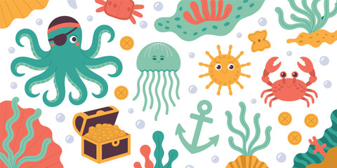 Cute underwater pirate adventure set with cartoon octopus jellyfish crab treasure chest and sea plants vector illustration isolated on white background © MdAbdur