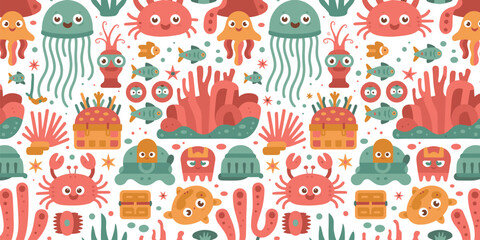 Cute underwater sea life seamless pattern vector background with cartoon crab jellyfish coral fish and treasure chests © MdAbdur