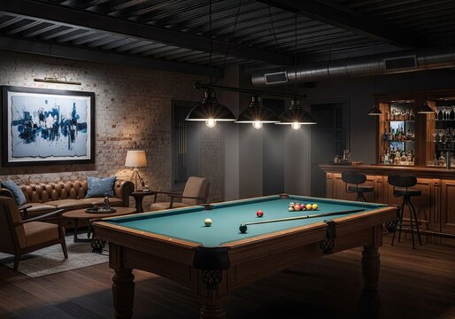 Elegant interior of a billiards room with pool table and bar area