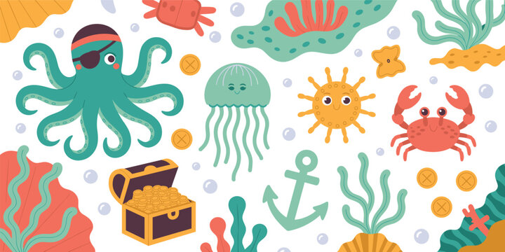 Cute underwater pirate adventure set with cartoon octopus jellyfish crab treasure chest and sea plants vector illustration isolated on white background