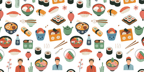 Japanese cuisine and sushi seamless pattern vector background with cartoon ramen noodles rolls bento box and chef characters © MdAbdur