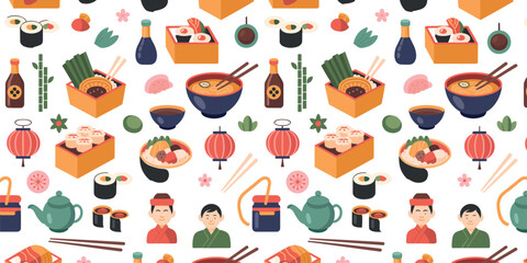 Japanese cuisine and sushi seamless pattern vector background with cartoon ramen noodles rolls bento box and chef characters © MdAbdur