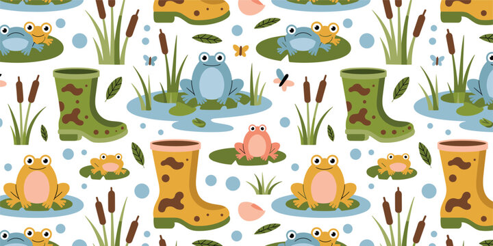 Cute pond life seamless pattern vector background with cartoon frogs rubber boots lily pads and cattail reeds