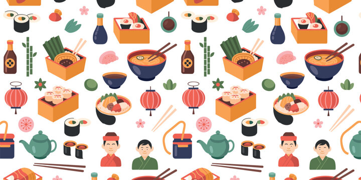 Japanese cuisine and sushi seamless pattern vector background with cartoon ramen noodles rolls bento box and chef characters
