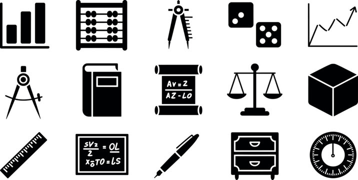Mathematics and science education icons set black and white flat vector illustration of geometry school tools isolated on white background