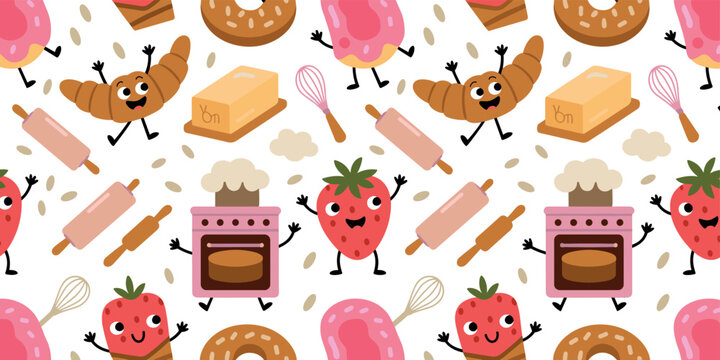 Seamless pattern background of cute cartoon bakery characters with croissant, strawberry, donut, oven, whisk, and rolling pin for kitchen design