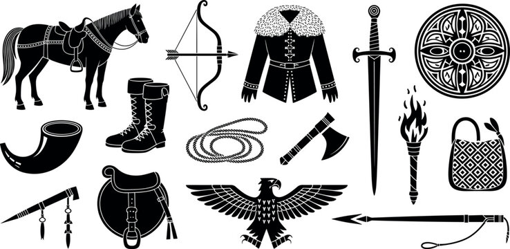 Medieval warrior equipment and nomadic culture vector set with horse bow sword shield eagle and vintage tribal elements isolated on white background