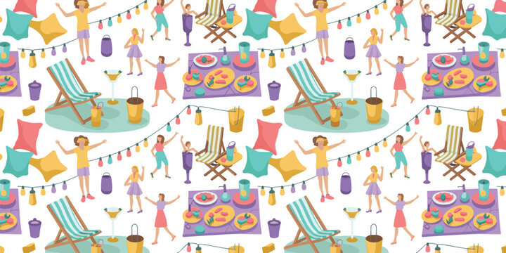 Summer beach party seamless pattern with happy people dancing deck chairs food tables and colorful festival string lights background