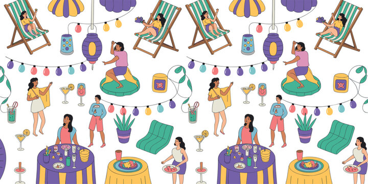 Summer beach party seamless pattern with happy people dancing deck chairs food tables and colorful festival string lights background