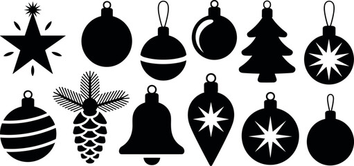 Obraz premium Christmas tree ornaments and holiday decorations black silhouette vector set with star bell baubles and pinecone isolated on white background
