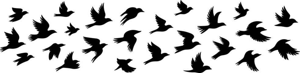 Fototapeta premium Flock of flying birds black silhouettes vector collection featuring migrating swallows and sparrows isolated on white background