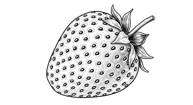 Detailed botanical illustration of a single ripe strawberry with its seeds and leaves in a classic engraved art style.