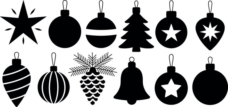 Christmas tree ornaments and holiday decorations black silhouette vector set with star bell baubles and pinecone isolated on white background