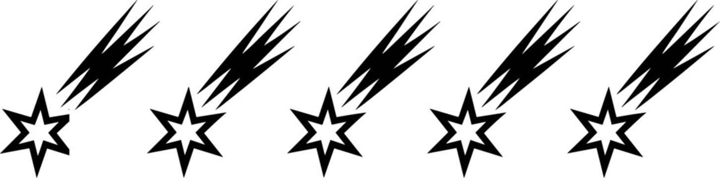 Shooting stars and falling comets seamless border pattern vector illustration with black outline shapes isolated on white background