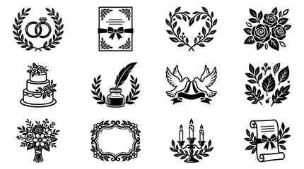 Obraz premium Collection of wedding icons and symbols for invitations and decorations.