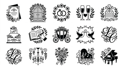 Collection of wedding icons and symbols in black and white. © Erda