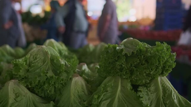 Fresh lettuce leaves at busy local market shallow depth of field authentic street shopping atmosphere and realistic everyday food commerce lifestyle