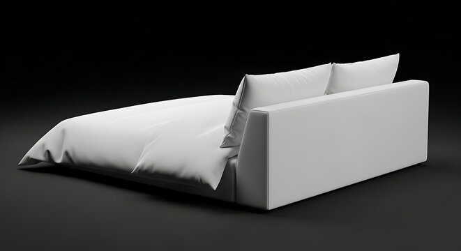 Modern white bed frame with soft pillows and duvet isolated on dark background for interior design catalog