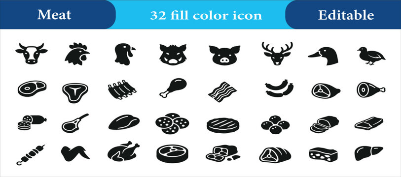 32 fill color editable meat icon set editable vector icon. Cow Head, Chicken Head, Turkey Head, Boar Head, Pig Head, Deer Head, Duck Head, Bird, Steak, T Bone Steak, Lamb Ribs, Chicken Drumstick, Baco