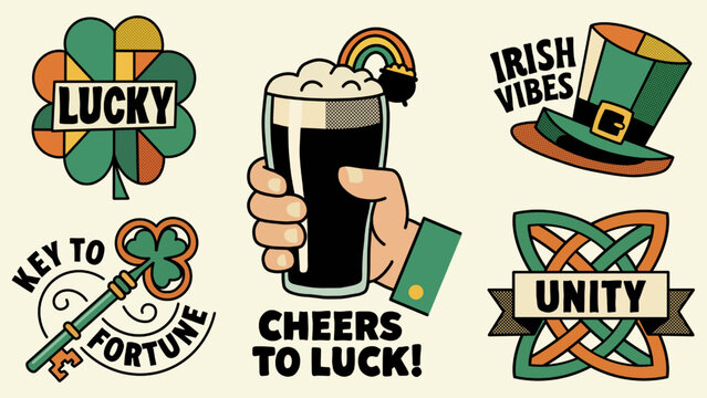 St. Patrick's Day retro sticker set featuring lucky shamrock, hand holding beer pint for a toast, Irish leprechaun hat, celtic knot unity symbol, and key to fortune.
