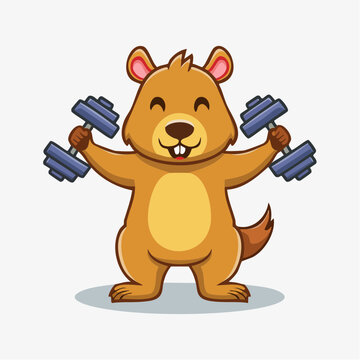 Cartoon Groundhog Lifting Dumbbells