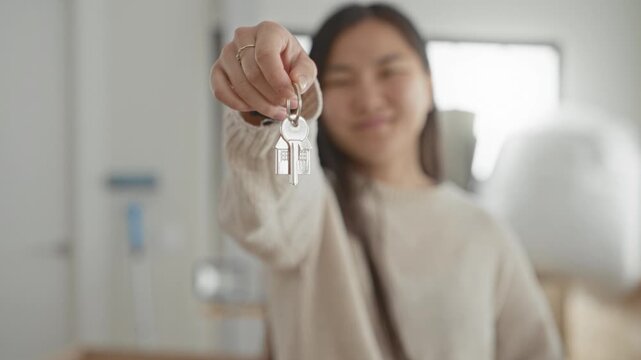 Woman holds house keyring forward while smiling, wearing a sweater, moving boxes and a rolled rug visible in apartment interior; new home joy.