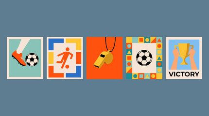 Fototapeta premium Colorful flat soccer icons with player, whistle, trophy and victory concept on blue background