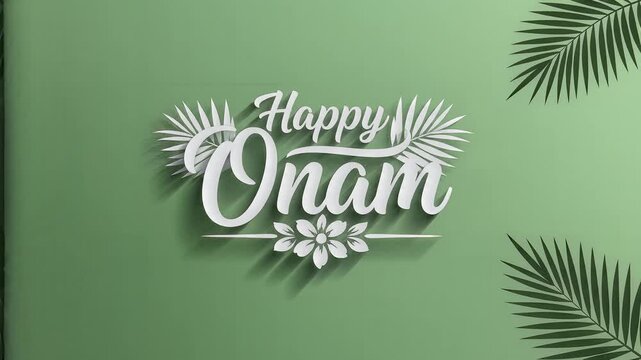 Festive happy onam typography with swaying palm leaves animation. 4K Video