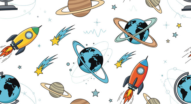 Vibrant seamless pattern of outer space elements including colorful planets, soaring rockets, yellow stars, and flying comets.