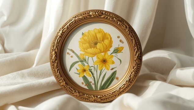 Hand painted round spring flower frame with yellow globeflower and cowslip botanical art