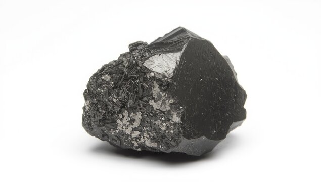 Detailed magnetite mineral rock with natural metallic luster and crystal formation on white background
