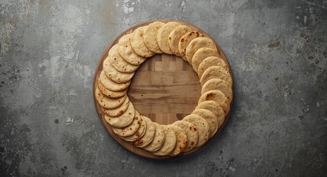 Gray textured background with chapati tortillas arranged on a rustic wooden board with copy space