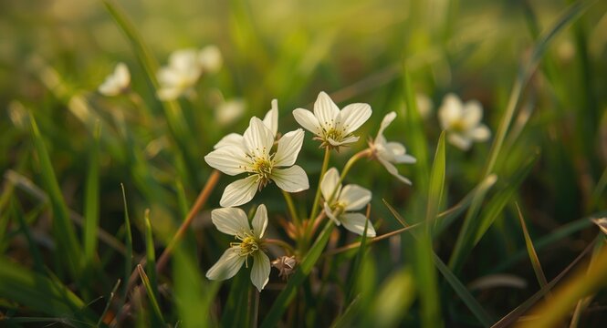 Close up of Mouse ear Chickweed blossoms in a vibrant green lawn during spring