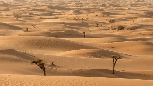 Desert landscape with thriving drought hardy Ghaf trees on rolling sand dunes