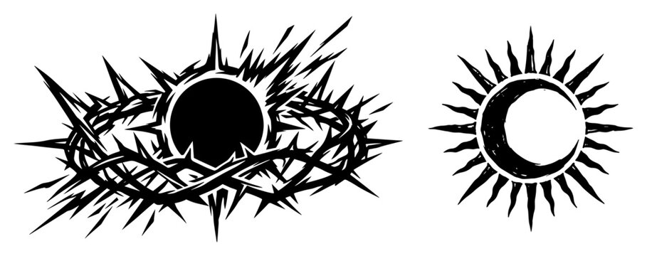 Celestial sun and moon symbols with crown of thorns, occult mystical tattoo elements, solar eclipse line art vector illustration