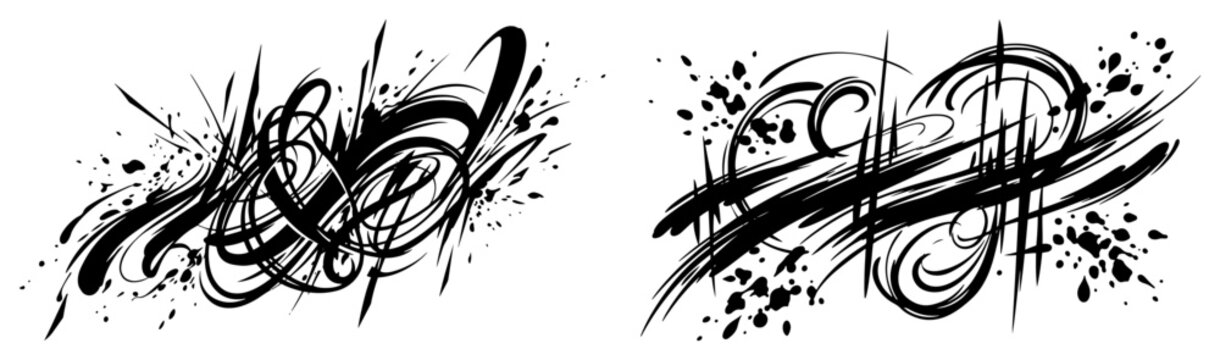 Abstract calligraphic ink splashes and graffiti swirls, expressive street art brush strokes, acid graphics style tag elements for design