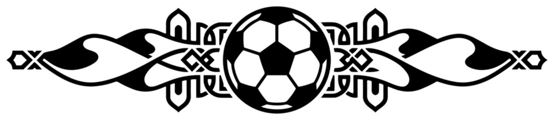 Fototapeta premium Symmetrical soccer ball ornamental divider, tribal style football decorative border element, sports theme flourish vector