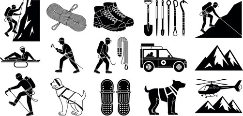 Mountain rescue and alpine climbing icon element set with mountaineers equipment boots rope tools and rescue dog © MdAbdur