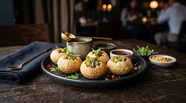 Gourmet pani puri plate with assorted toppings and sauces on rustic wooden table