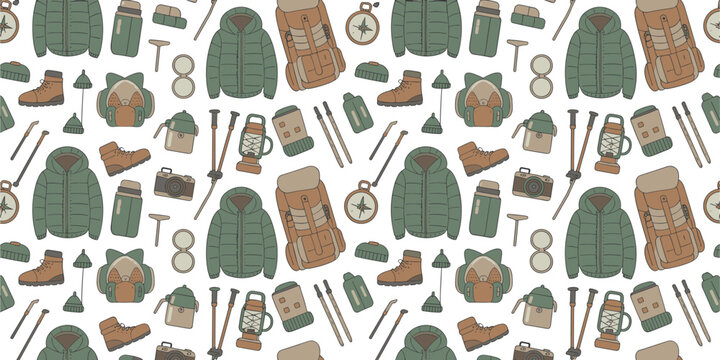 Hiking and camping seamless pattern background with winter jackets backpacks boots compass lantern and trekking poles