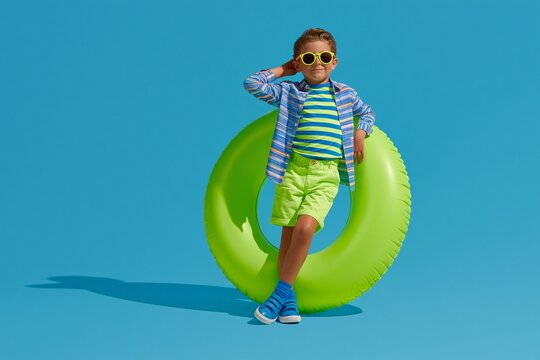 Stylish boy posing with inflatable swim ring on blue background