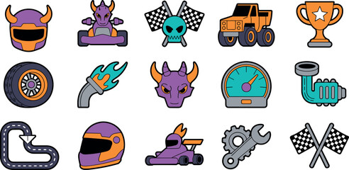 Go kart and monster truck racing icon element set with helmets flags trophy and dragon motifs © MdAbdur