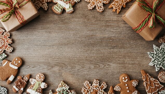 Flat top view of Christmas themed gingerbread cookies and present box on textured wooden surface with copy space