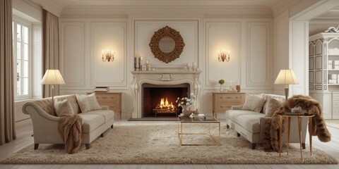 Fototapeta premium Cozy traditional room with fireplace carpet and fur accents in white interior mock up for illustration