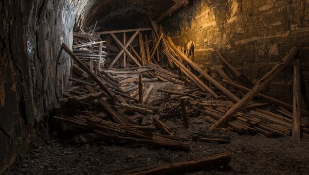 Dilapidated timber construction collapsed in underground tunnels of gold mine