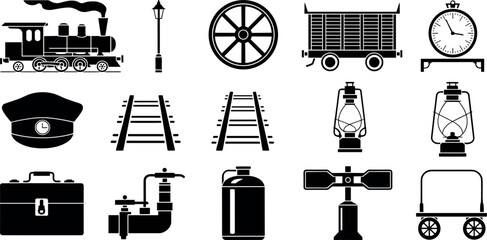 Vintage railway and steam locomotive icons set featuring train tracks lantern conductor hat clock luggage wagon and retro transportation elements © MdAbdur