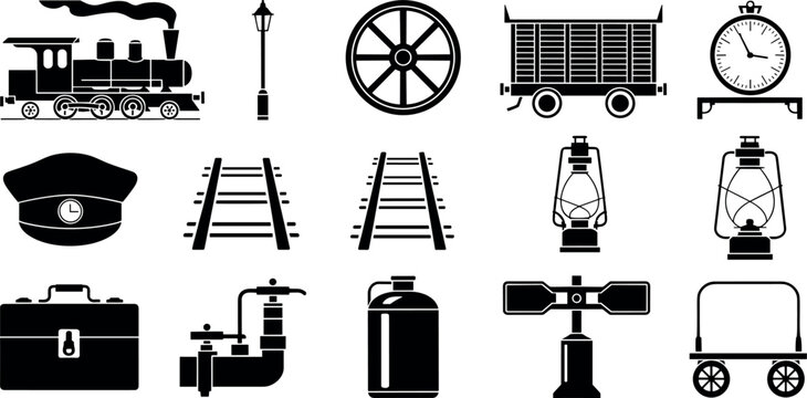 Vintage railway and steam locomotive icons set featuring train tracks lantern conductor hat clock luggage wagon and retro transportation elements