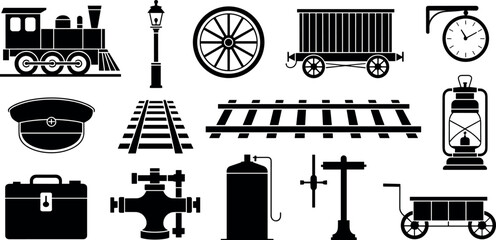 Vintage railway and steam locomotive icons set featuring train tracks lantern conductor hat clock luggage wagon and retro transportation elements © MdAbdur