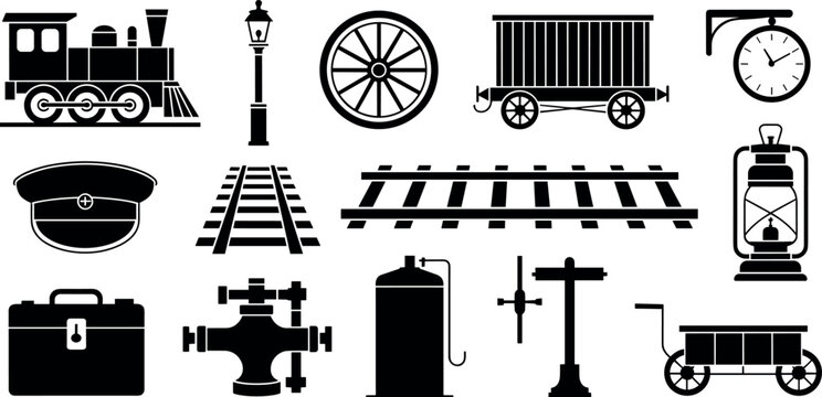 Vintage railway and steam locomotive icons set featuring train tracks lantern conductor hat clock luggage wagon and retro transportation elements