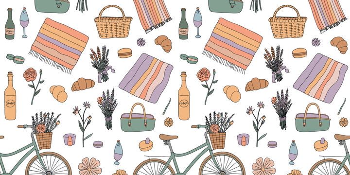 Summer picnic seamless pattern vector background with bicycle wicker baskets wine blankets flowers croissants macarons and romantic outdoor elements